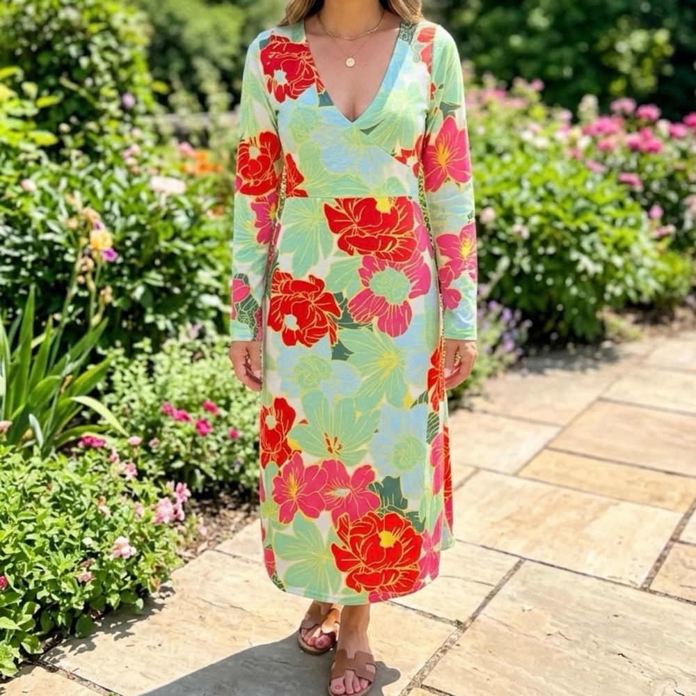 NWT Boohoo Tropical Floral V-Neck Midi Dress Long Sleeve Wrap Bodice Multi Sz 8
